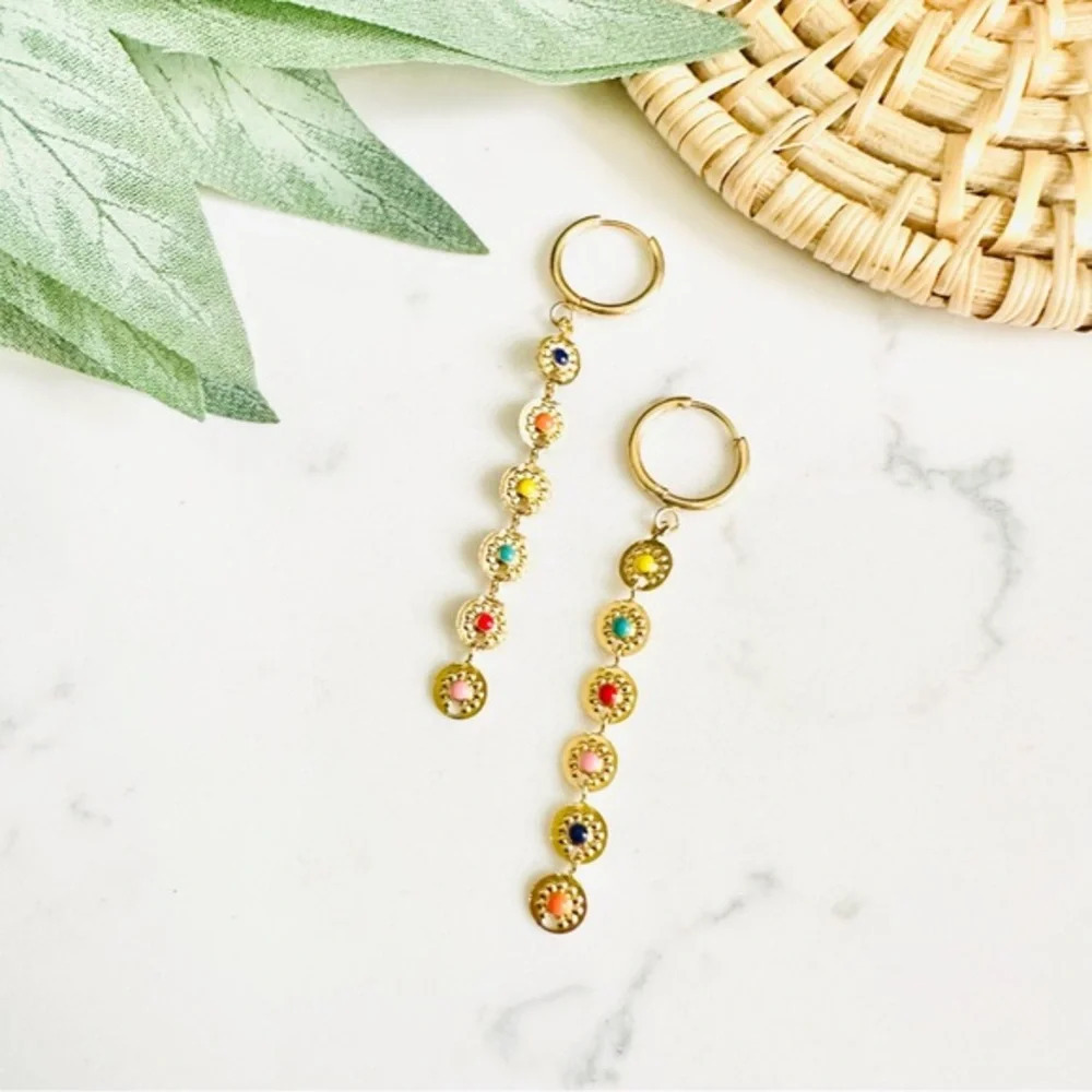 2/$30šµ Delicate Gold Disc Colorful Dot Earrings Dangle Bohemian Hippie Boho NEW - Picture 1 of 6